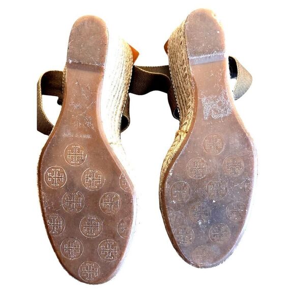 Tory Burch Designer Espadrille Wedges Sz 11 Olive Canvas Cognac Leather EUC - Picture 8 of 9